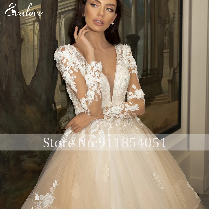 red wedding dresses EVALOVE Gorgeous Appliques Court Train A-Line Wedding Dress Luxury V-Neck Beading Long Sleeve Customized Princess Bridal Gown tea length wedding dress