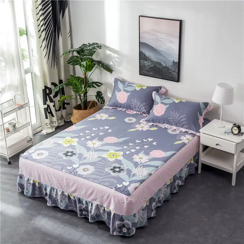 Green and white striped cotton single double bed skirt printed bed cover cartoon sheets bedding set