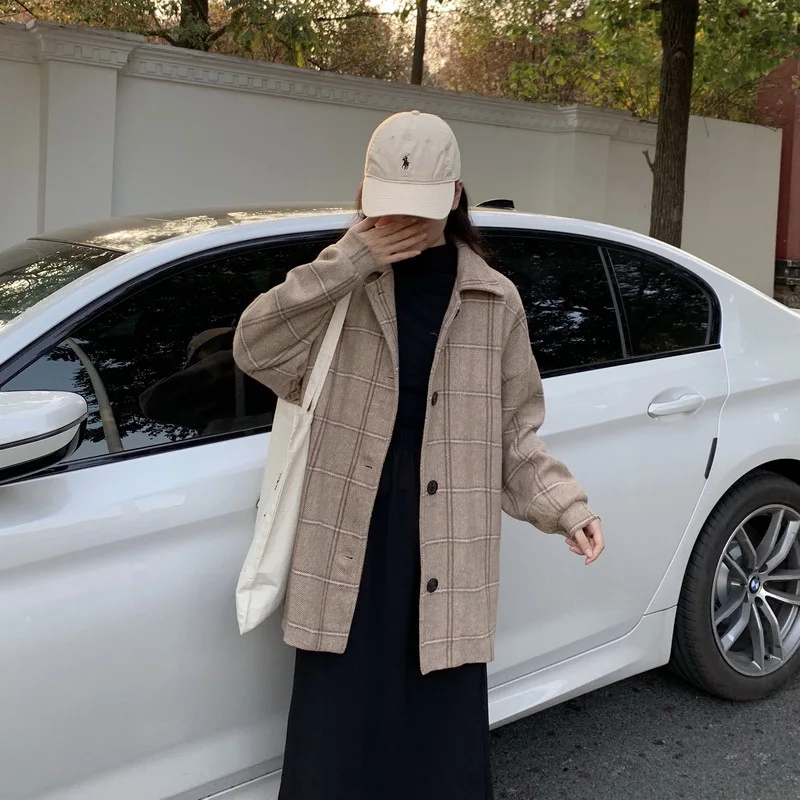 Factory Price Autumn And Winter New Style Korean-style BF Style Loose Retro Plaid Woolen Coat Student Woolen Overcoat