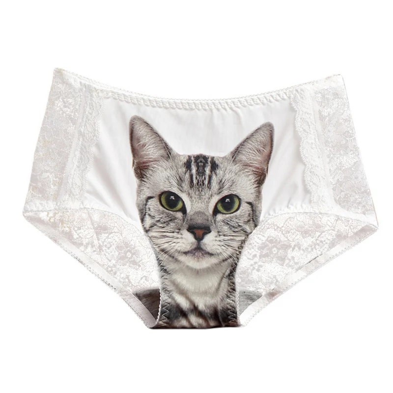 Sexy Cats Women's Underwear Lace Patchwork Cute Printing Briefs Ultra-Slim Panties Cozy Female Underwear Breathable hc - Цвет: Белый