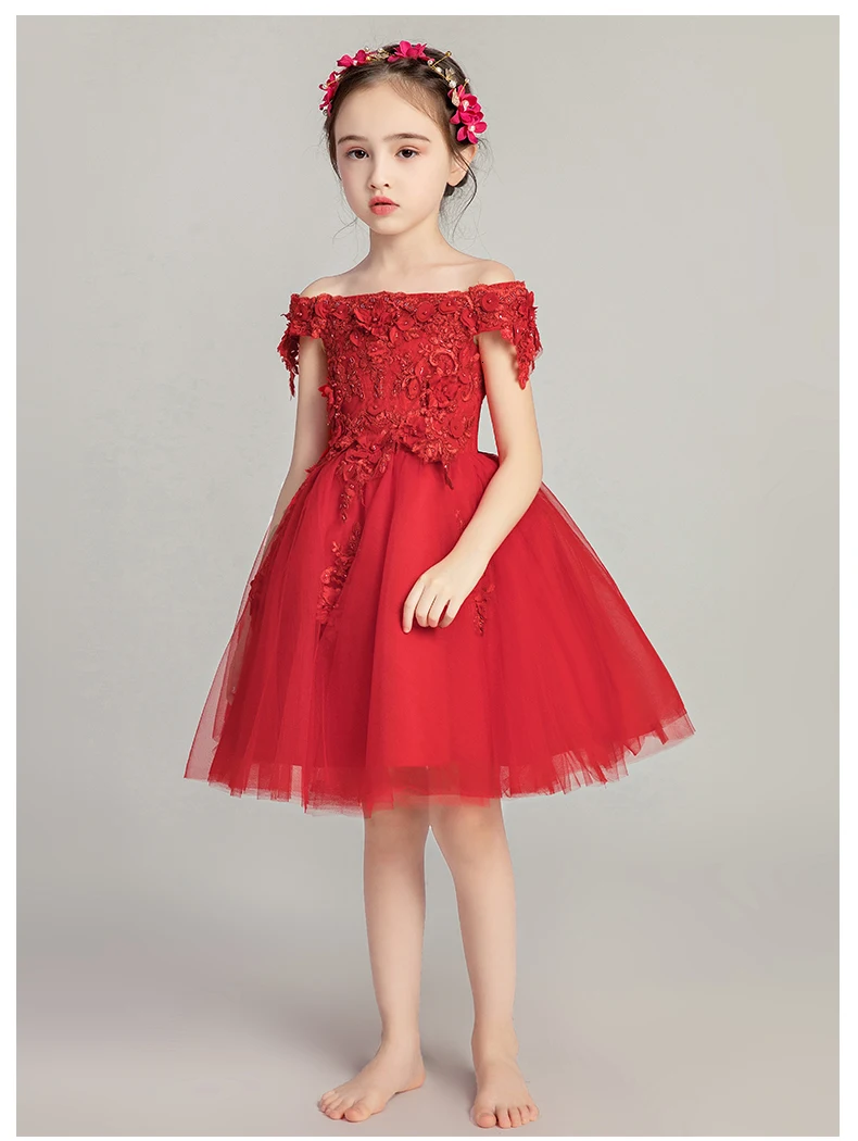 Glizt/свадебное платье с открытыми плечами для девочек; вечерние платья принцессы из тюля с аппликацией из бисера; платье для первого причастия для девочек - Цвет: red short dress