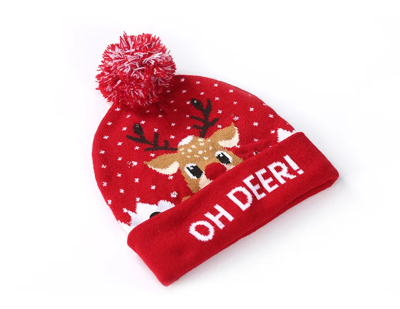 Wholesale New Children LED Christmas Hat With Lights Winter Warm Cartoon Knitted Pompom Beanie Cap For Kids Christmas Decoration