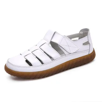 

2020 Summer Thick Bottom Genuine Leather Hole Shoes Soft Bottom Retro Handmade Sandals For Women's Beach Cutout Flat Shoes