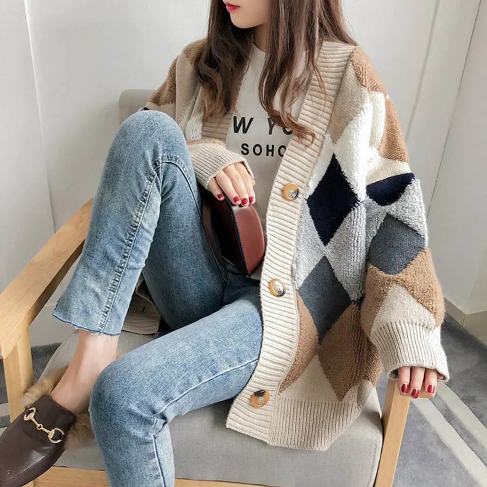 Loose Cardigan Sweater Coat Jacket Colorful Diamond Lattice Knit Korean Style Knitted Cardigan Single Breast Sweaters Women Tops