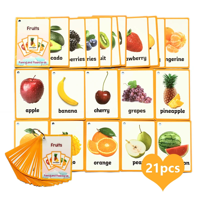 21Pcs Pack Fruits Flash Cards Set Kids Educational Picture Letters Flashcard