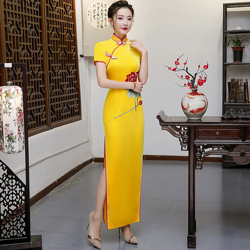 Желтое велюровое платье для выпускного вечера Cheongsam для свадебной вечеринки женское элегантное банкетное длинное платье Qipao восточные женские тонкие платья Vestido S-5XL