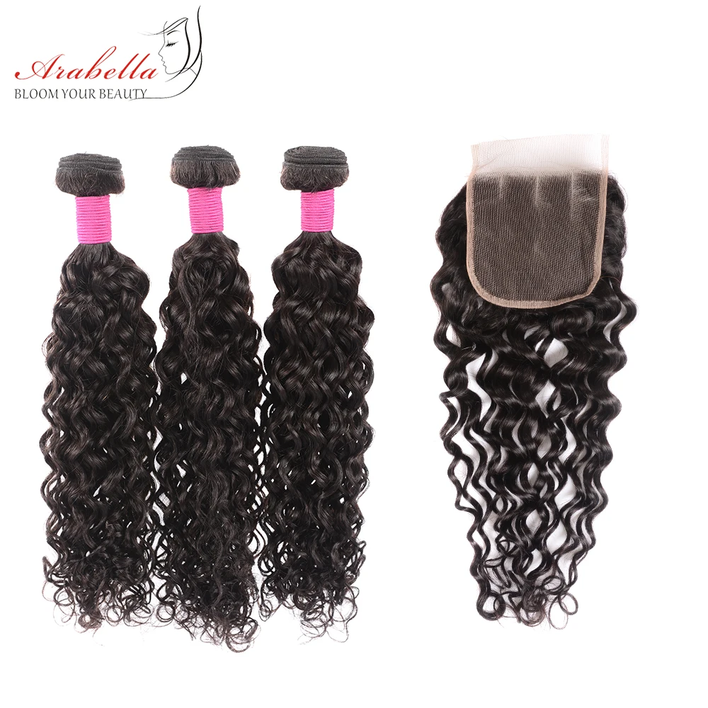 Brazilian Water Wave Bundles With Lace Closure Pre Plucked Arabella Remy Human Hair Bundles With 4X4 Transparent Lace Closure