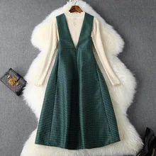Женское осенне-зимнее платье-жилет, костюм, элегантный вязаный свитер с высоким воротом, пуловеры+ черные зеленые жаккардовые платья с геометрическим рисунком