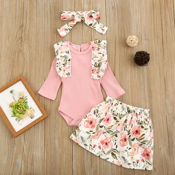 

3PC New 6M-24M Girls Cotton Long Sleeve Lace Robe + Floral Print Short Skirt + Bow Turban Three-piece купальник детский