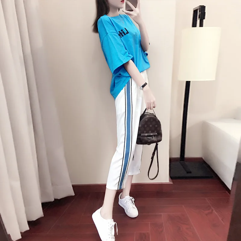 

2019 Summer New Style WOMEN'S Dress Large Size Fashion & Sports Set Two-Piece Set Capri Pants Casual WOMEN'S Suit Fashion Spring