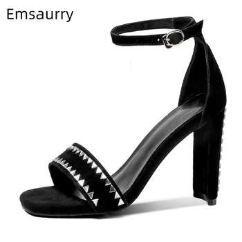 

Crystal Shark-teeth Pattern Heel Sandals Women Ankle Strap Strange High Heels Black Suede Rhinestone Runway Shoes Woman