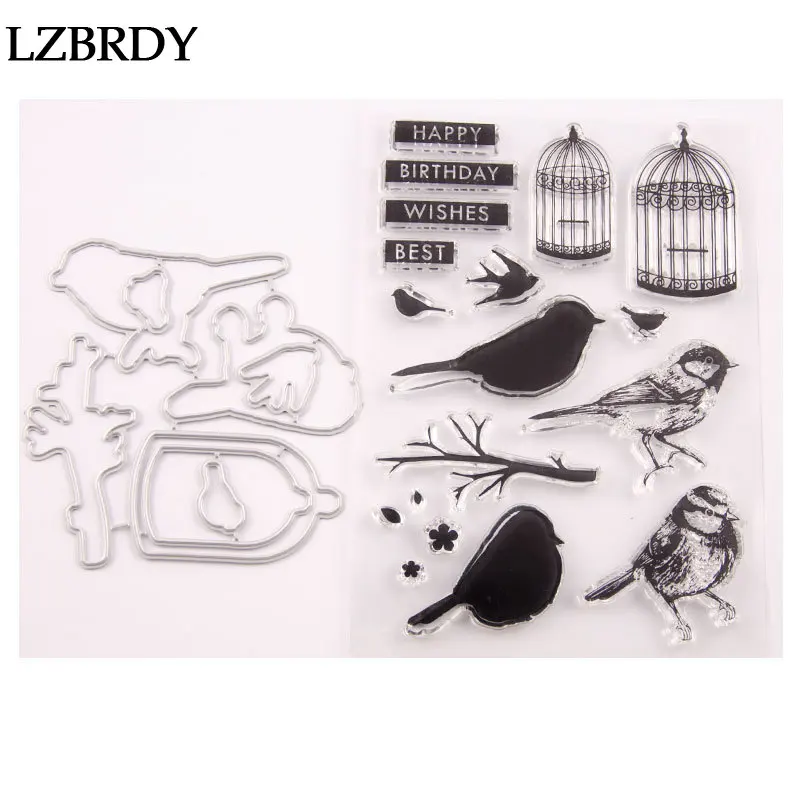 

1 Pack Cute Birds Cage Tree Flower Birthday Blessing Words Rubber Stamps and Dies for Scrapbooking Card Making Birthday Decors