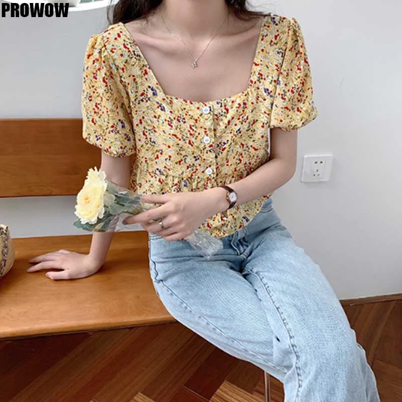 

Floral Short Shirt Female Summer 2020 New Korean Bubble Sleeve Square Collar Shirt Chic Retro Chiffon Fashion Shirt Tops Lady