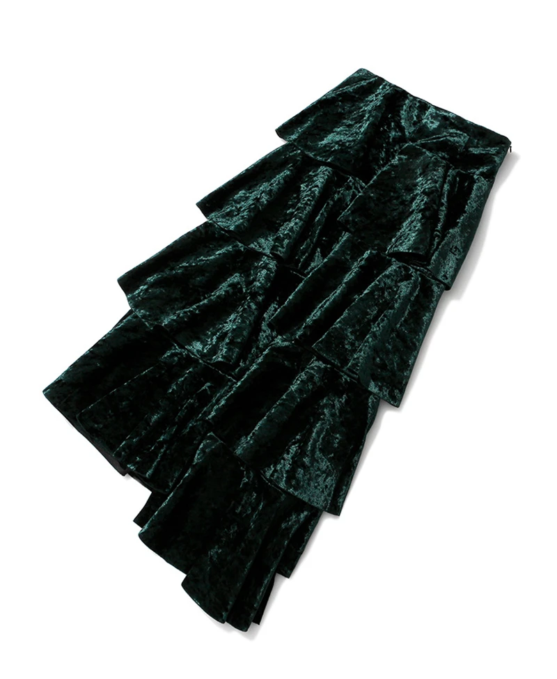 OMIKRON New Fashion Elegant Ruffle Irregular Maxi Velvet Skirt Autumn Women Boho High Waist Pleated Long Skirt Saias Longas