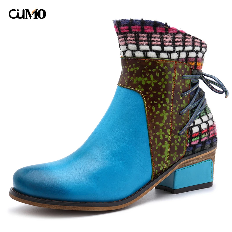 

[Ou Mo] brand Handmade Genuine Leather Women's boots Mid Calf High Boots Handmade zipper printing Boots winter Martin boots