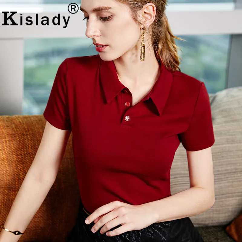 

Kislady 2019 Ladies Polo Shirt White Red Short Sleeve Turn-down Collar Simple Slim Basic T-shirt For Summer Temperament De Mujer