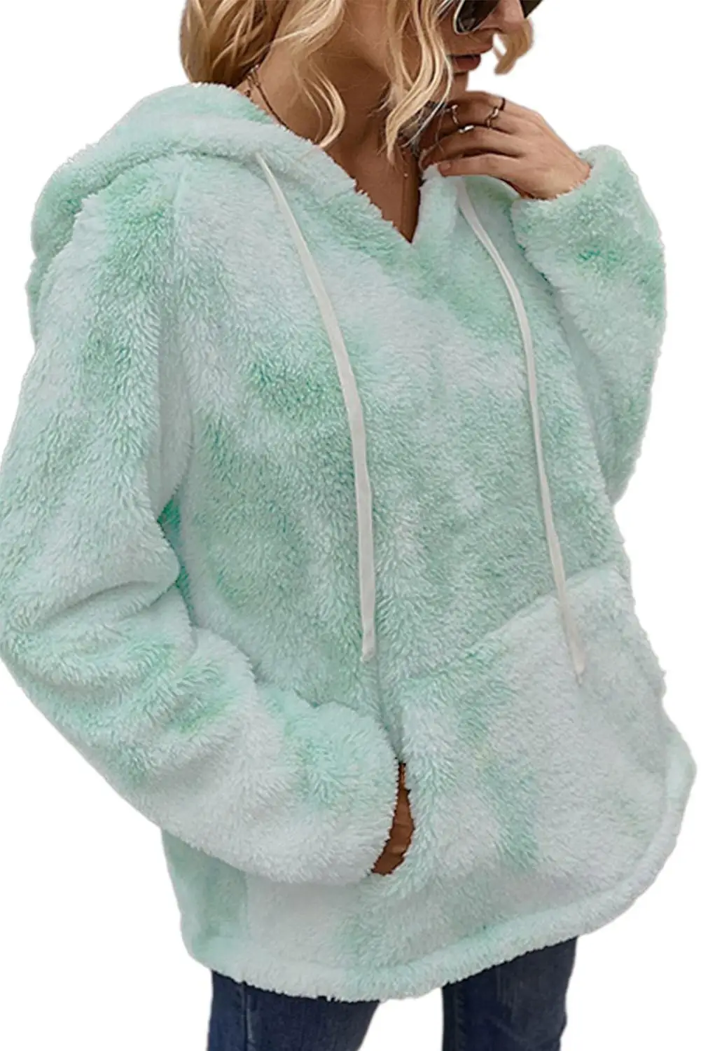 Black/Blue/Green V-Neck Tie-Dye Plush Plus Velvet Pullover Hoodie Sweatshirts Tops Women 2020 Casual Autumn Winter Outfits