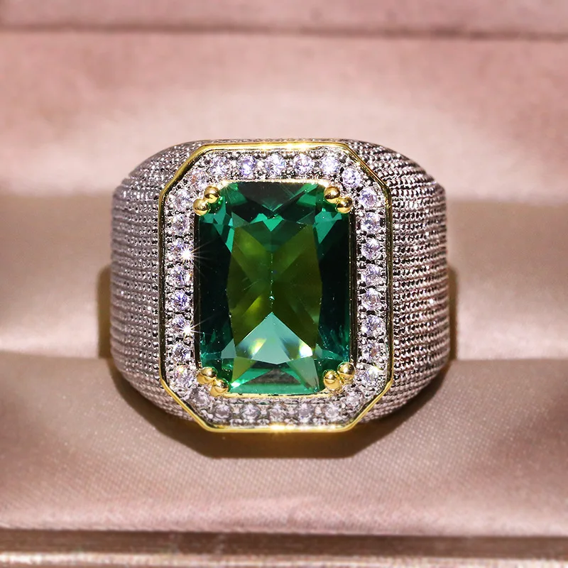 

Vintage Big Rectangle Green Crystal Zircon Wedding Rings For Men Women Fashion Yellow Gold Filled Birthstone Ring Gifts