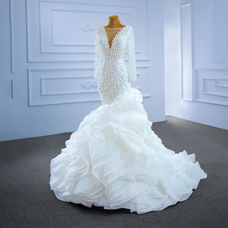 RSM67269 ​White Pearl Lace Wedding Dress Bridal Wedding 2021 New V-neck Ruffles Long Sleeve Slim Dress Trajes De Novia 2021 3