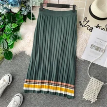 Новая коллекция Осенняя Женская плиссированная трикотажная юбка в полоску длиной до колена Женская высокоэластичный облешающий юбка трапециевидной формы с разрезом