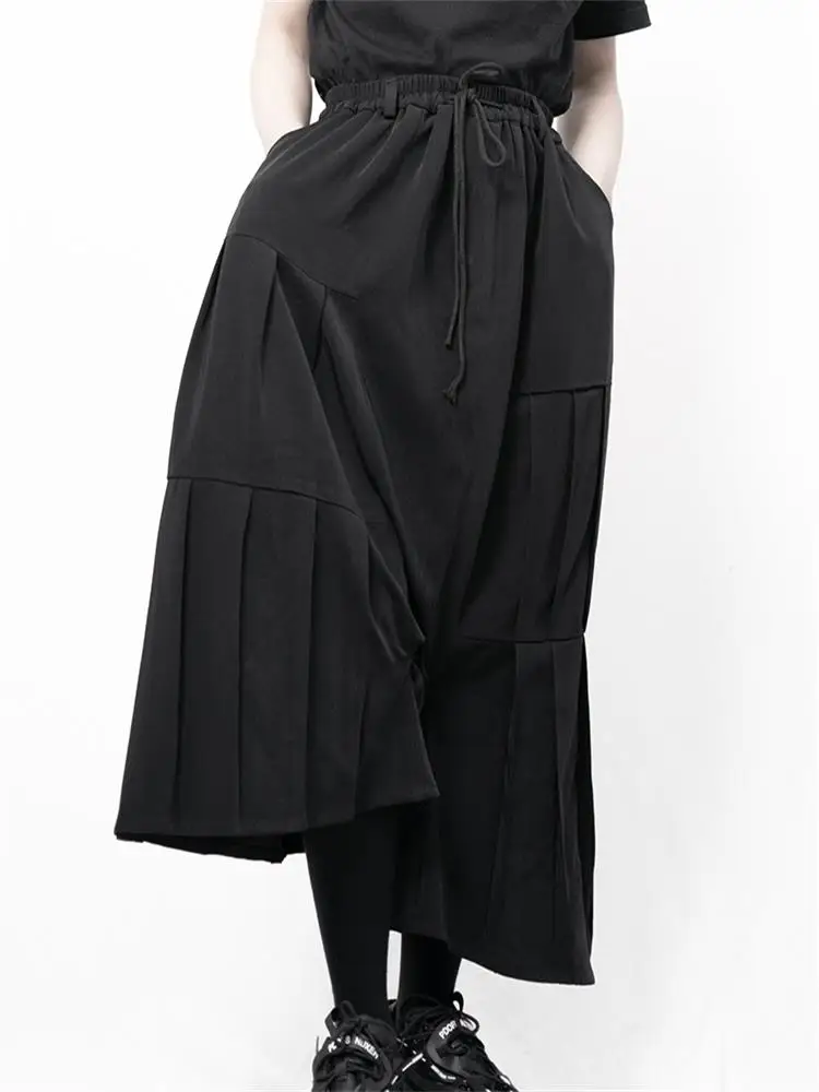 Yamamoto style wide-leg culottes irregular asymmetrical black folding loose large size Haren pants
