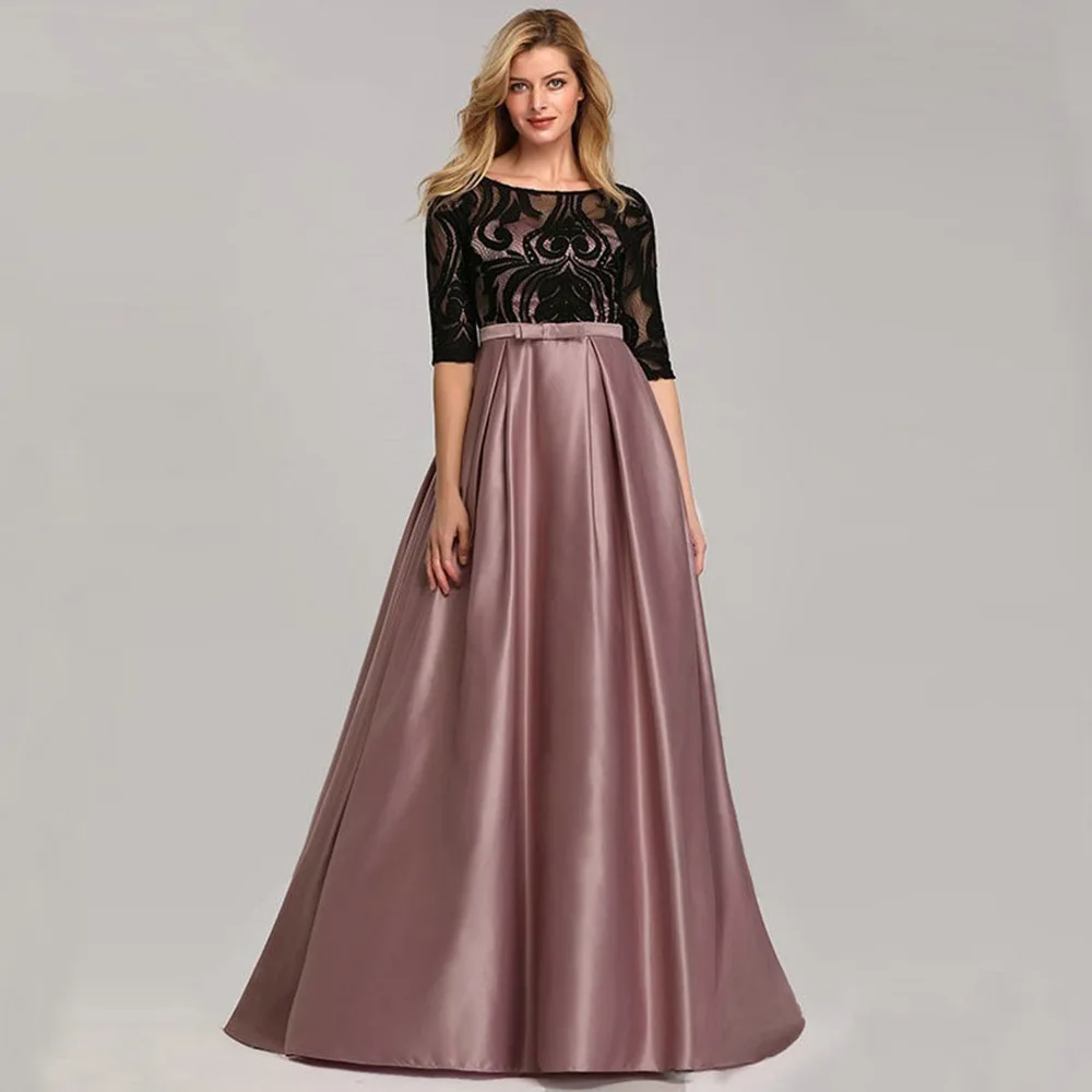

Dark Pink Elegant Blue Satin Elegant Prom Dresses A-Line O-Neck Half Sleeve Lace Ruched Formal Gowns Vestido De Festa