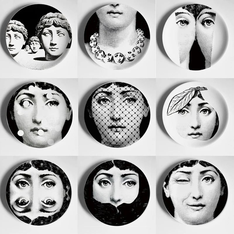 Fornasetti черно-белая иллюстрационная тарелка, настенная тарелка, домашний декор для отеля, человеческое лицо, керамическая посуда для декора стен