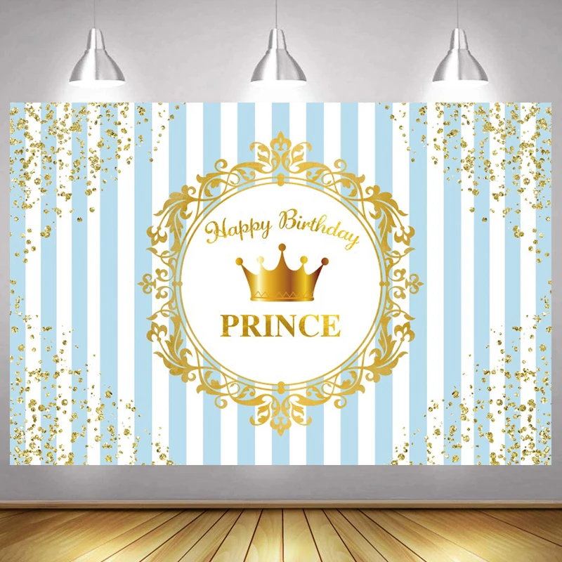 

Prince Boys Photo Backdrop Curtain Girls Newborn Baby Happy Birthday Party Gold Crown Decoration Photography Backgrounds Banner