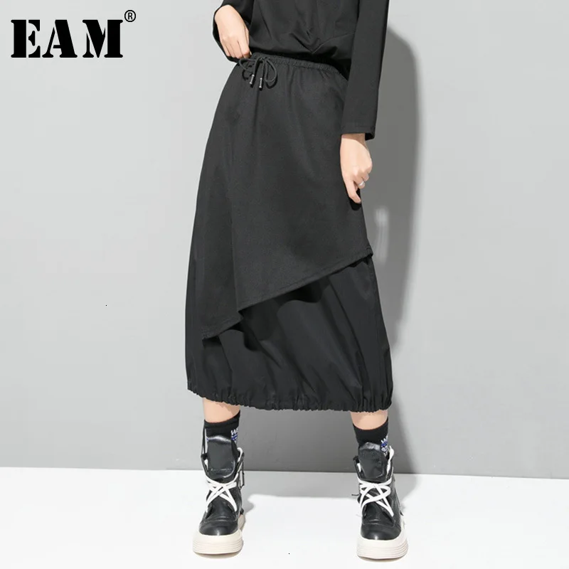 

[EAM] High Elastic Waist Black Drawstring Split Joint Temperament Half-body Skirt Women Fashion New Spring Autumn 2019 1D732