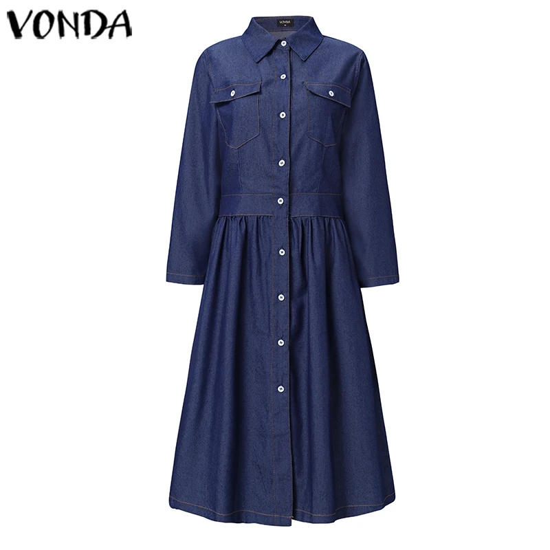 Женское офисное мини платье VONDA Осеннее синее рубашка с высокой талией