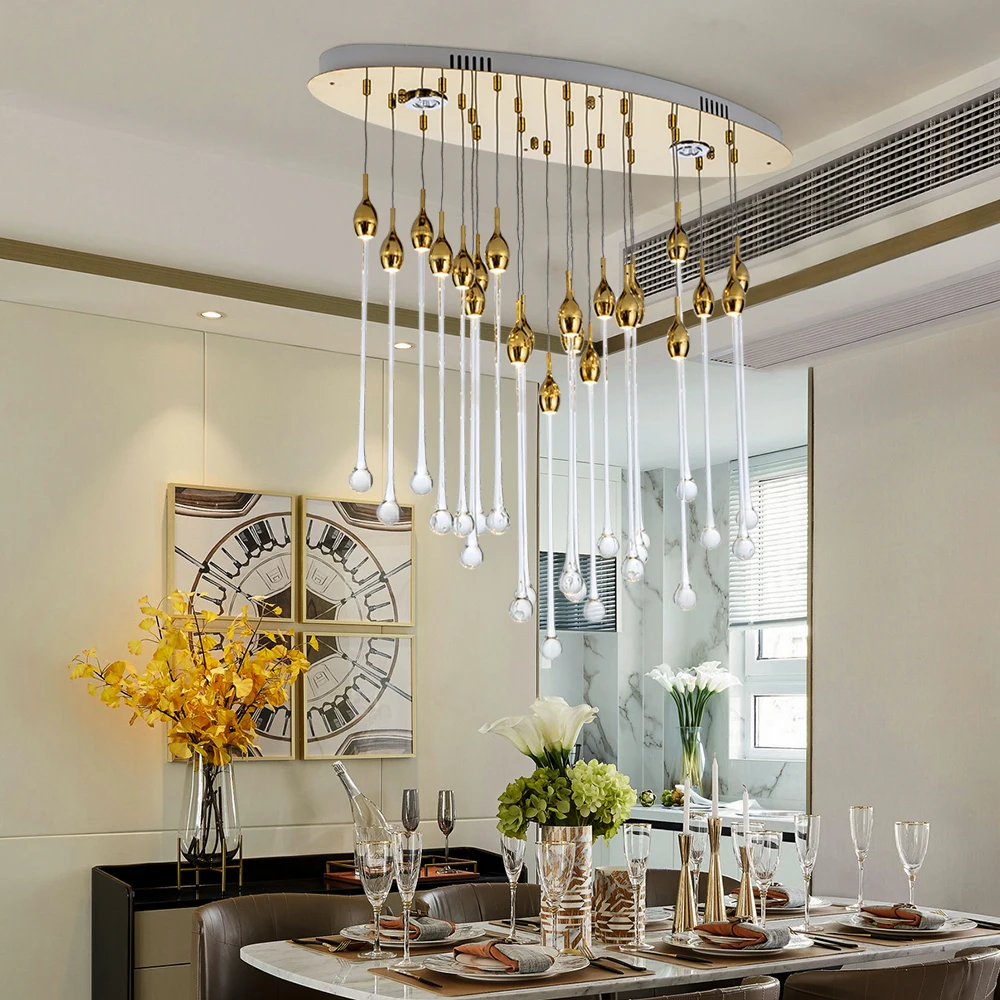 

Water drop Crystal Chandelier Lighting Creative European-style Luxury Kitchen Island LED Lamps Restaurant Golden Light Fixtures