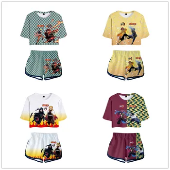 

Naruto Hot 3D Exposed Navel T-shirts+shorts two-piece sets print Demon Slayer women/girls Fashion Summer 2 Piece Set