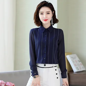 

New style ladies lapel striped button shirt long sleeve chiffon shirt gray