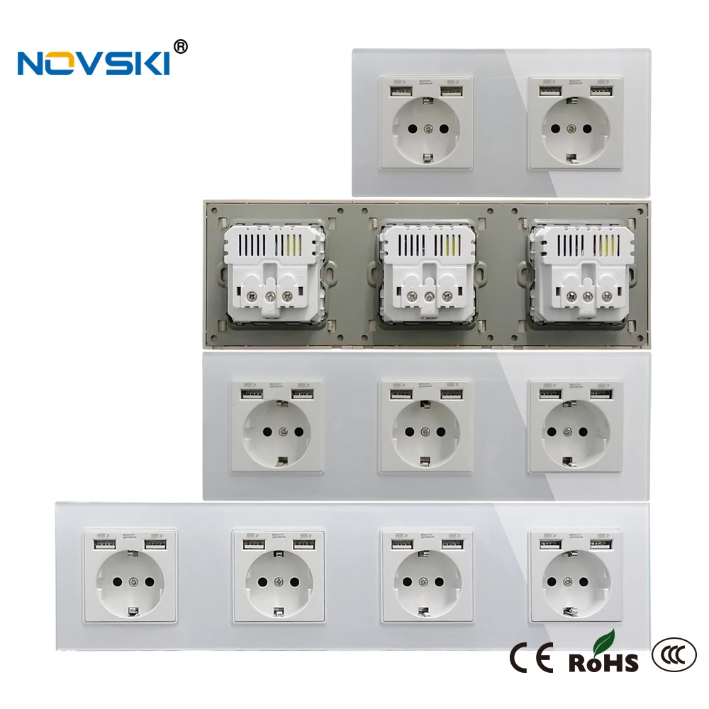 EU Schuko Multi USB Plug Wall Crystal Glass Panel Power Socket Grounded, 16A Quadruple Electrical Socket White, 5 Years Warranty