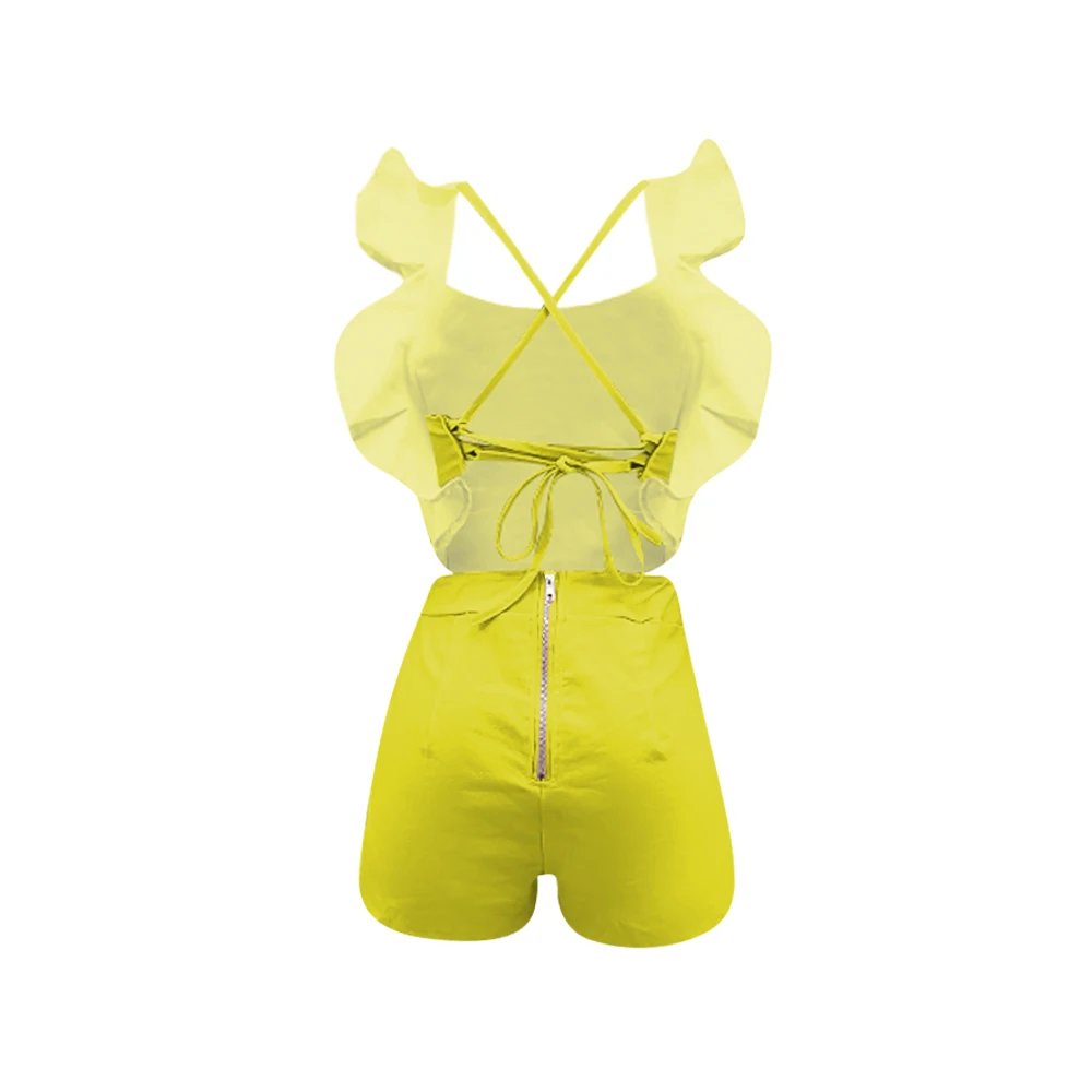 Lemon Gina/Новинка года; Однотонный комбинезон с оборками в стиле пэчворк; сексуальный комбинезон с открытой спиной и квадратным воротником; мини-джинсовый комбинезон без рукавов; H1159