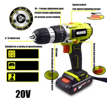

manbox 0-23 20v cordless drill rechargeable mini wireless power supply lithium battery 2 speed high power electric screwdriver