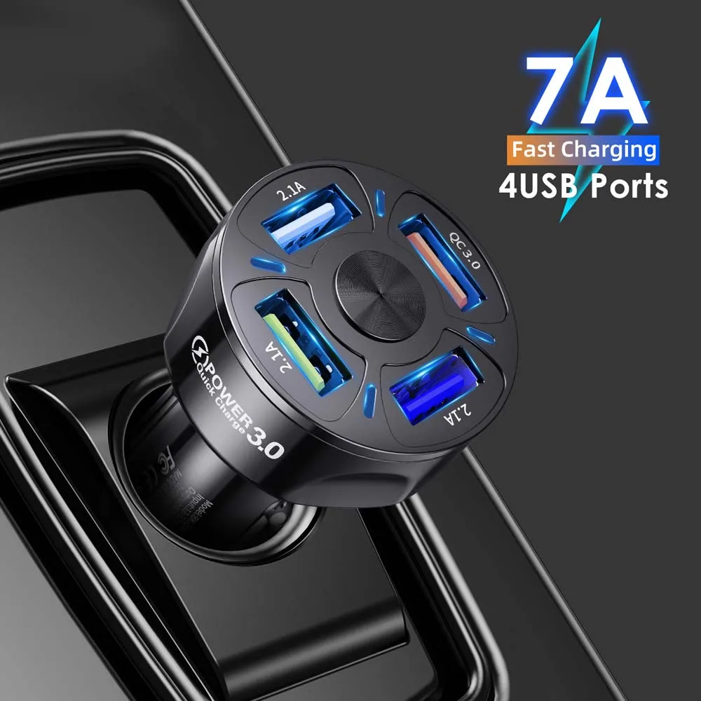 

4 Port USB Car Charge 7A Fast Charging Quick Charge For iPhone 13 Xiaomi Huawei Mobile Phone Charger Adapter Car Accessories