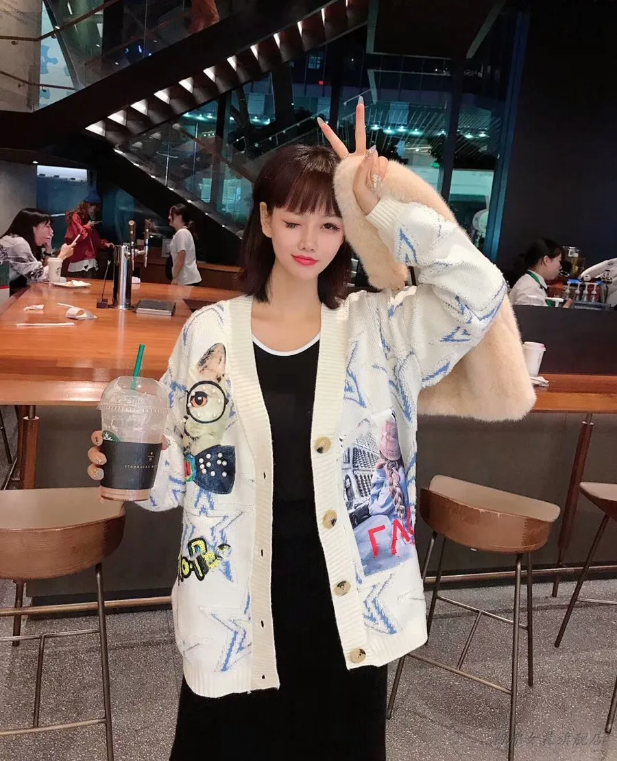QING MO Winter Women Cardigans Sweater Women Cartoon Printed Sweater White Female V Neck Knitted Sweater Lovely ZQY2149