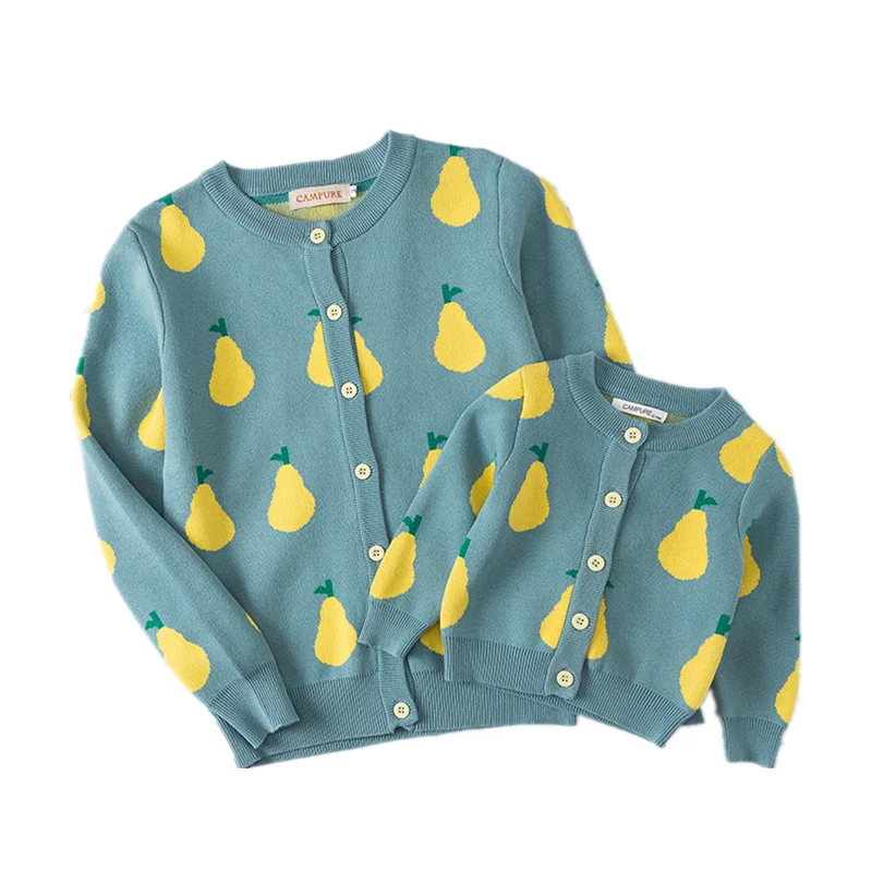 

Spring Mother and Daughter Clothes Parent-child Outfits Girls Pear Pattern Sweater Family Matching Outfits Kids Knit Cardigan