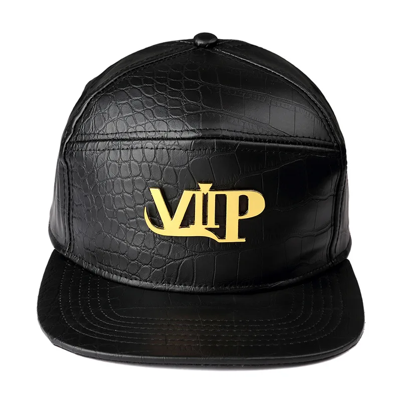 Custom Black Metal Logo Patch PU Leather Cap Casual Unisex Hip Hop Rap 5  Panel Snapback Hats - China Hat and Cap price