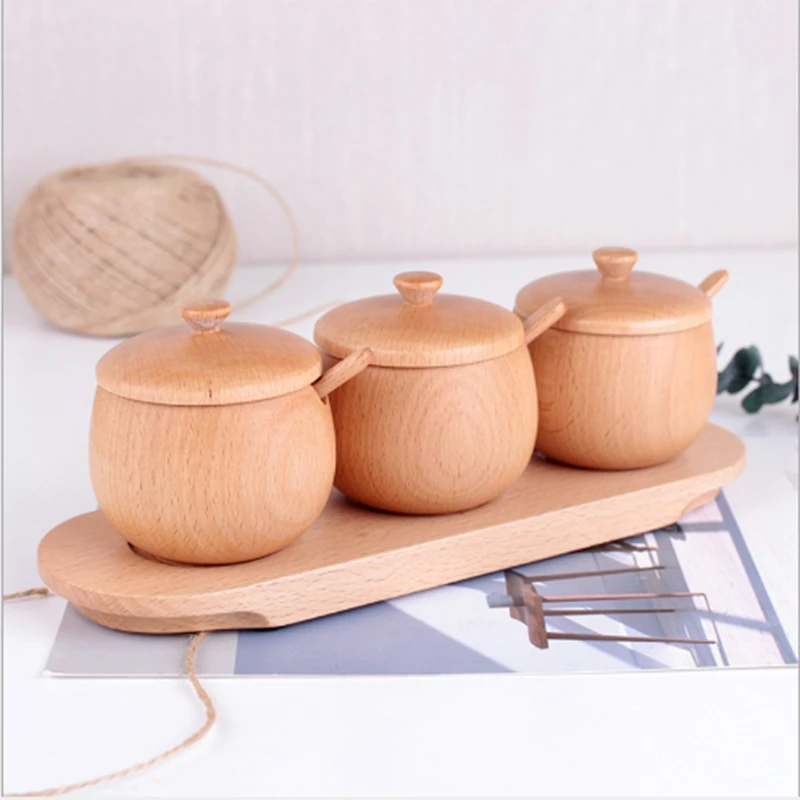 

3Pcs Wood Seasoning Jar Salt Can Spice Pots Bowls with Spoon and Lid Storage Wooden Tray Tea Storage Container Condiment Jars Ki