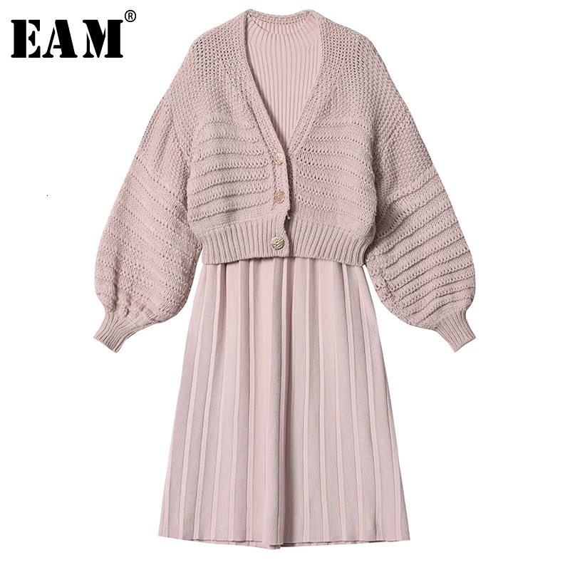 

[EAM] Knitting Dress Jacket Knitting Two Pieces Suit New V-Neck Long Sleeve Black Loose Women Fashion Spring Autumn 2019 1B970