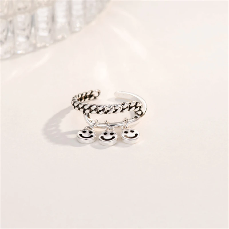Горячая Распродажа счастливый улыбающийся лицо Оригинальное кольцо для женщин S925 Настоящее серебро женские двойные винтажные кольца для подарка на день рождения