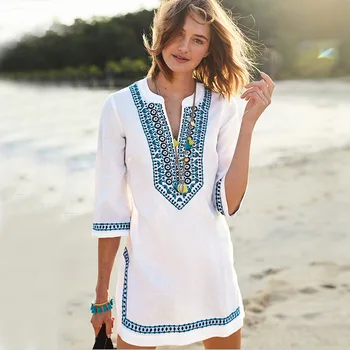 

Women Beachwear Cover-ups Summer Vintage Embroidery Beach Dress White Cotton Tunic Swimsuit Cover Up Sarong Dress
