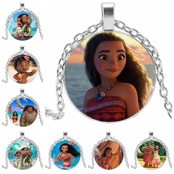

European and American Movie Ocean Princess Pattern Pendant Necklace Glass Convex Round Sweater Chain Gift for Girls