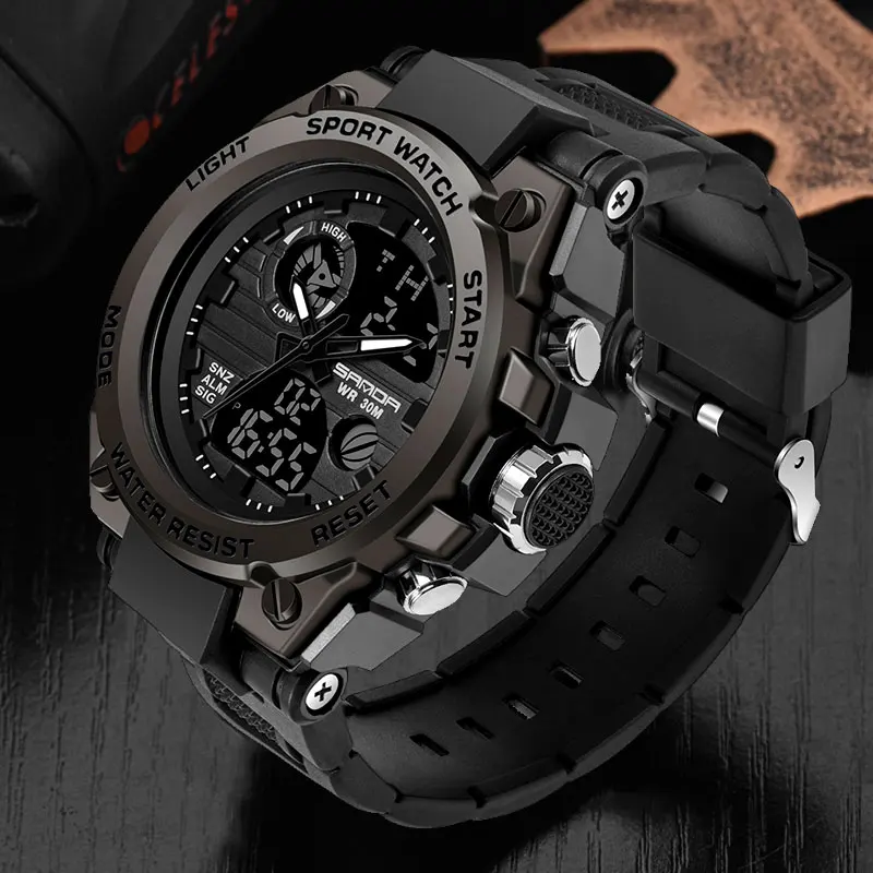 Бренд SANDA, цифровые часы для мужчин, спортивные часы, электронный светодиодный, мужские наручные часы для мужчин, часы в Военном Стиле, наручные часы, водонепроницаемые - Цвет: black
