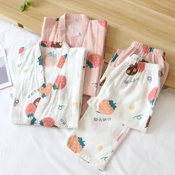 Women's Japanese Kimono Two-piece 100% Cotton Spring and Summer Thin Home Wear Set of Three-quarter Sleeve Trousers