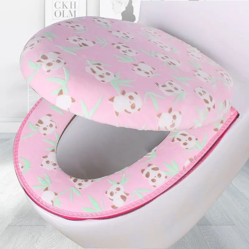 F Pink 2pcs Коврик для унитаза с рисунком панды, набор на молнии, чехлы для сиденья унитаза, мягкий теплый коралловый бархатный коврик для ванной комнаты, универсальные чехлы для сиденья унитаза - Цвет: F Pink 2pcs