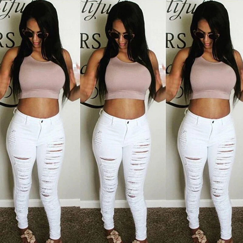 Otoño de 2021 Vaqueros Skinny Mujer pantalones de mezclilla agujeros pantalones de pitillo con rodilla rota pantalones casuales negro elástico blanco Vaqueros