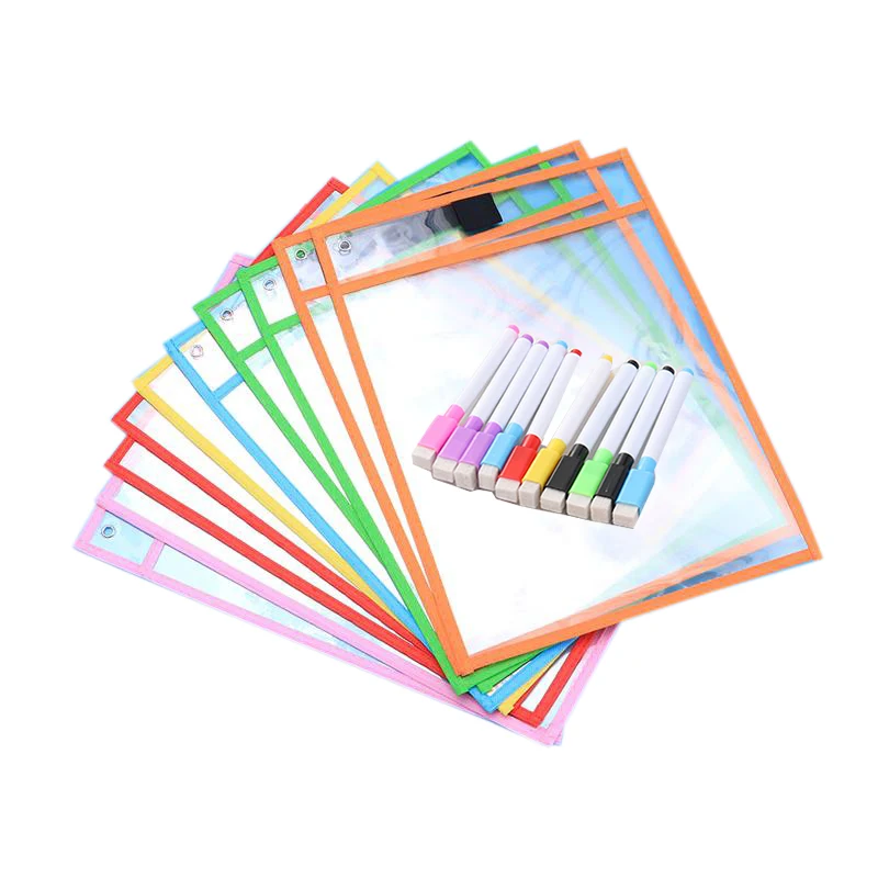 Bolsillos de borrado en seco de Hot-6pcs + soporte para bolígrafo, bolsillos de gran tamaño de 10x1 4 pulgadas/25,5x36,5 cm, organización de clase, bolsillos reutilizables de borrado en seco
